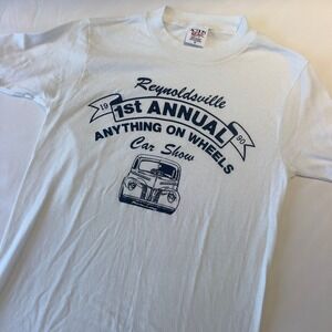 Vintage 1990 Reynoldsville Car Show T Shirt Action Wear White Graphic Tee Mens M